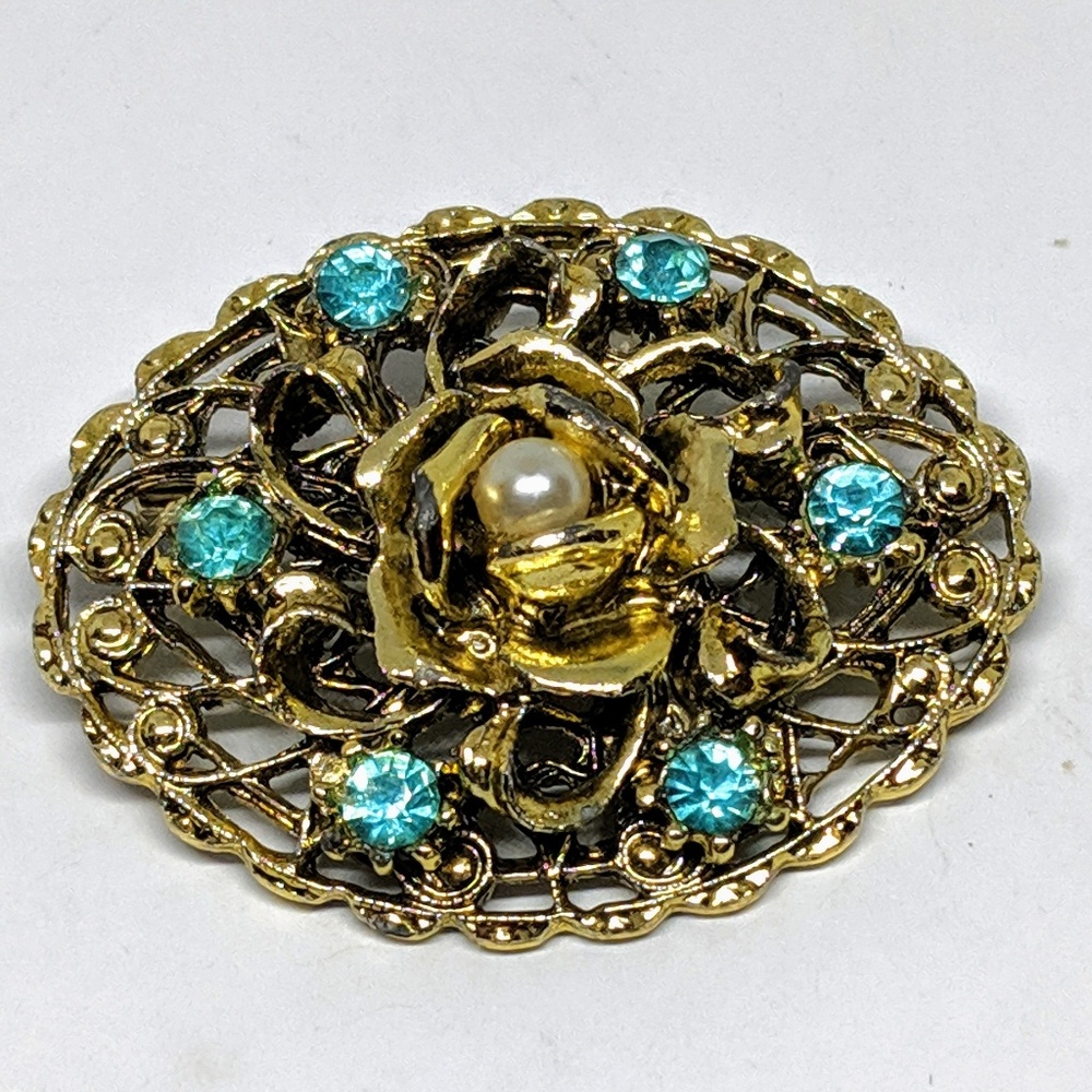 Vintage Brooch with Rose, Pearl, & Blue Rhinestone